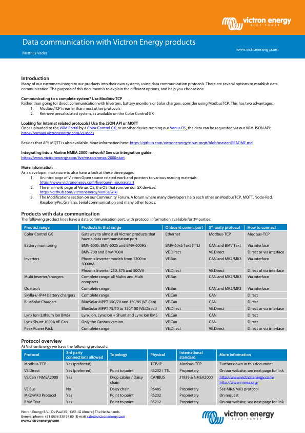 Data communication with Victron Energy products